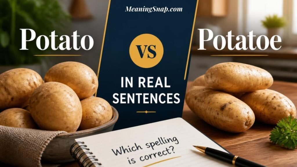 A comparison of "Potato" and "Potatoe" with fresh potatoes on a wooden table, an open notebook with a pen, and a central banner reading "VS IN REAL SENTENCES".