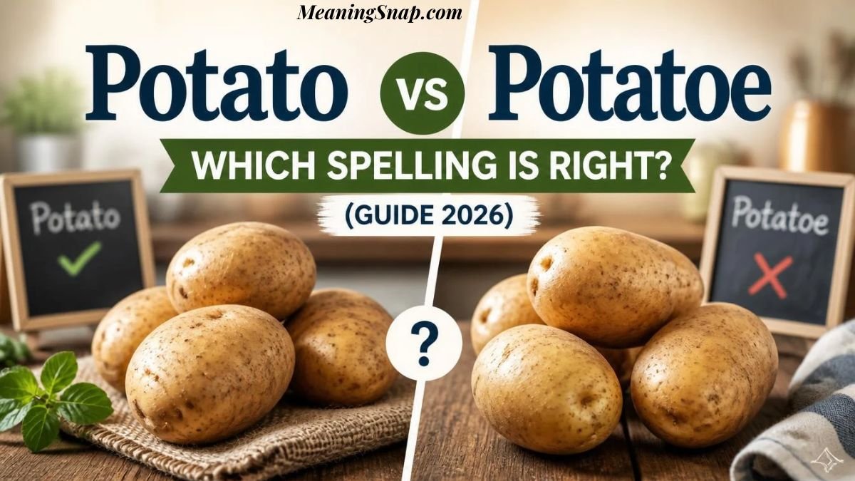 A comparison showing potato vs potatoe with fresh raw potatoes on a wooden table, a question mark, and a headline asking which spelling is right.