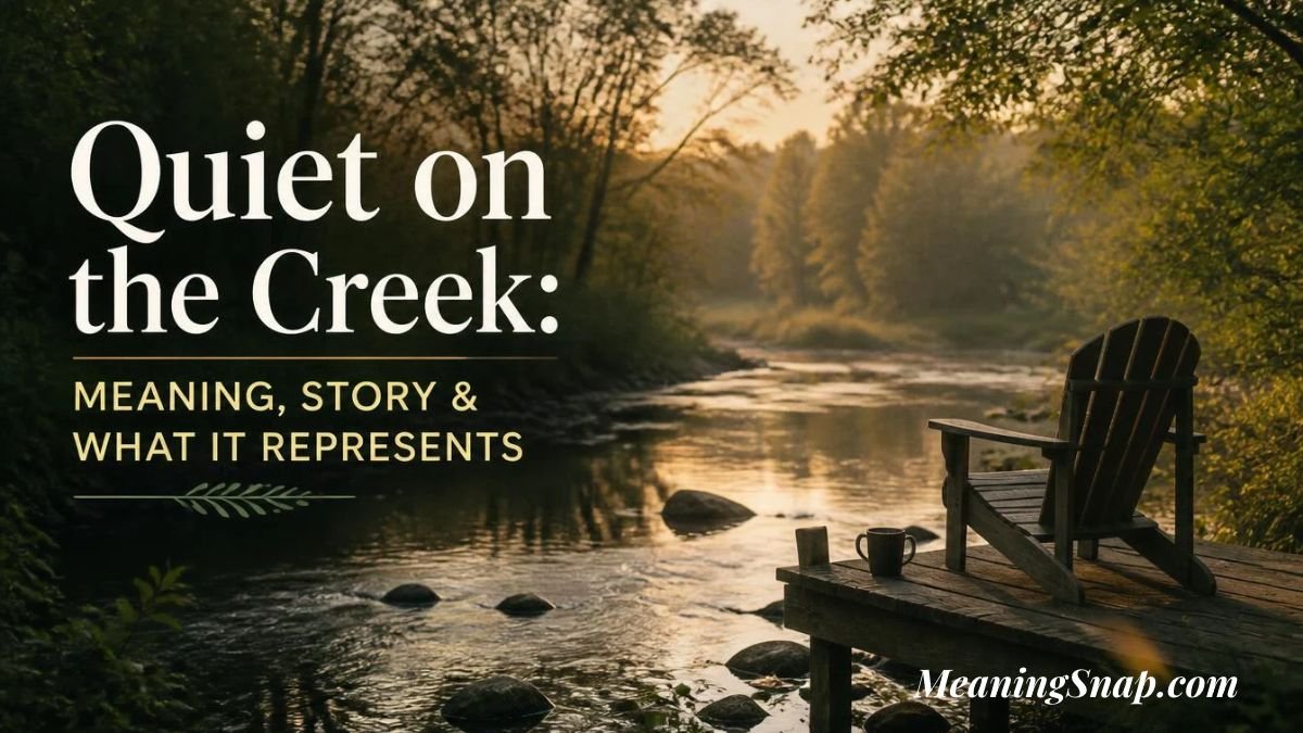 Wooden chair and coffee mug on a dock overlooking a peaceful creek at sunrise with "Quiet on the Creek" title text.