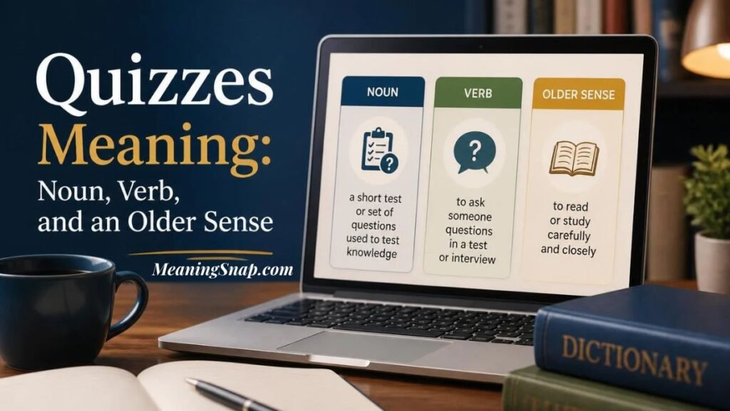 A laptop displaying definitions for Quizzes as a noun, verb, and older sense, resting on a desk next to a dictionary, notebook, and coffee mug.