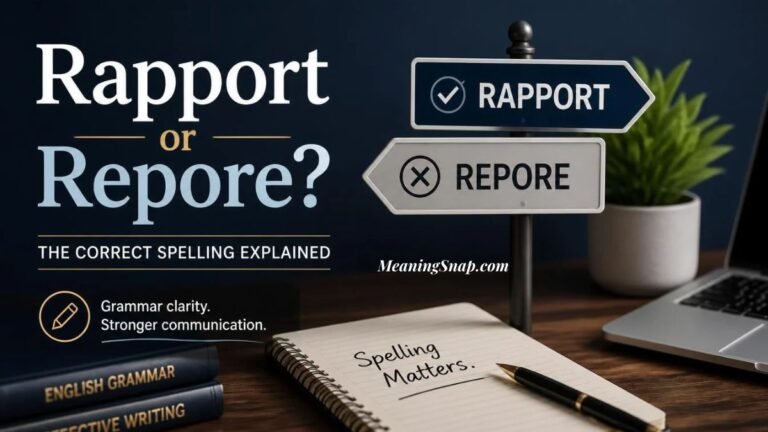 A desk setup with grammar books, a notebook reading "Spelling Matters.", and signposts comparing "Rapport" and "Repore" with headline text explaining the correct spelling.