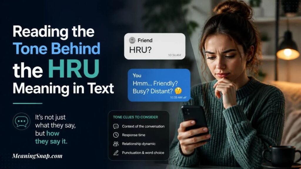Thoughtful woman in a green sweater looking at her smartphone with chat bubbles analyzing the tone behind the HRU meaning in text.
