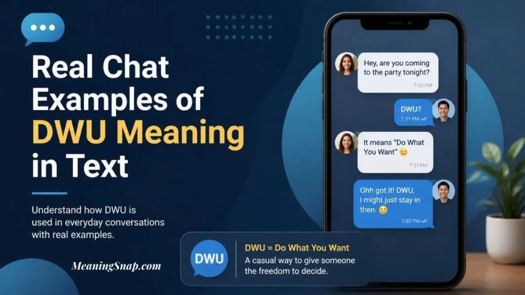 Smartphone displaying a chat screen with DWU meaning in text as Do What You Want in real conversation examples.
