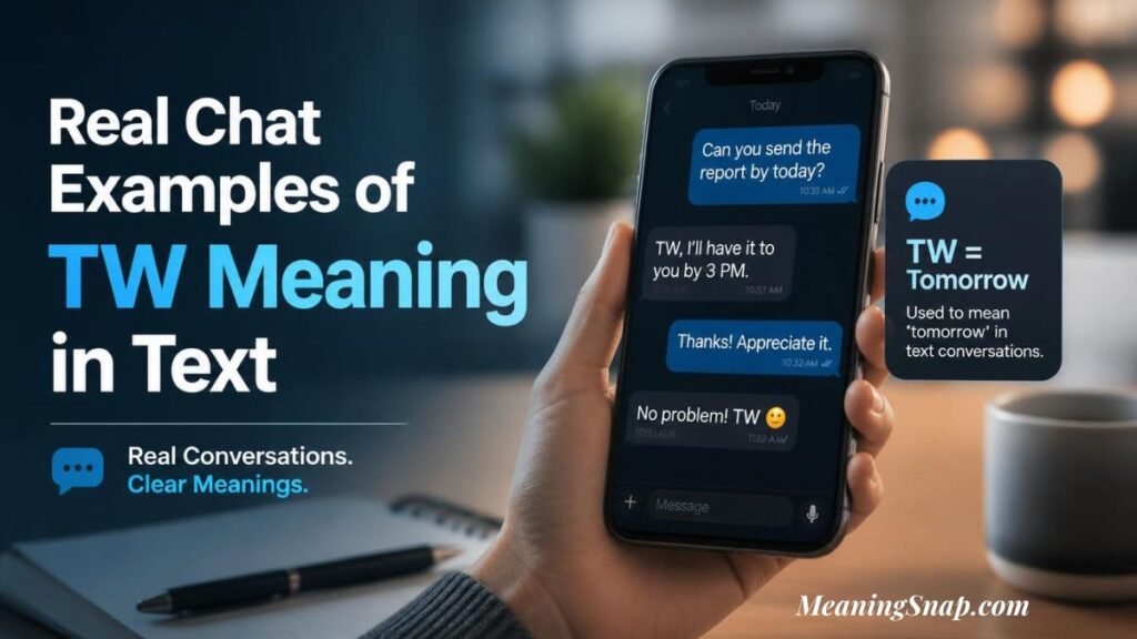 Hand holding a smartphone displaying a chat message with TW meaning in text as Tomorrow in real chat conversations.   