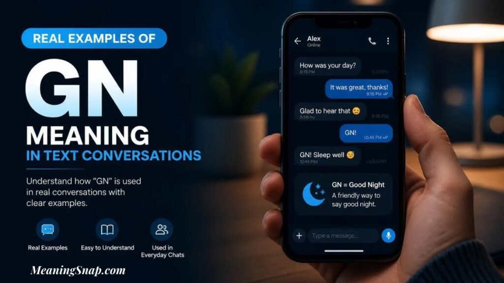 A hand holding a smartphone displaying real text conversation examples featuring "GN!" and "GN! Sleep well" alongside headline text explaining real examples of the GN meaning in text conversations.