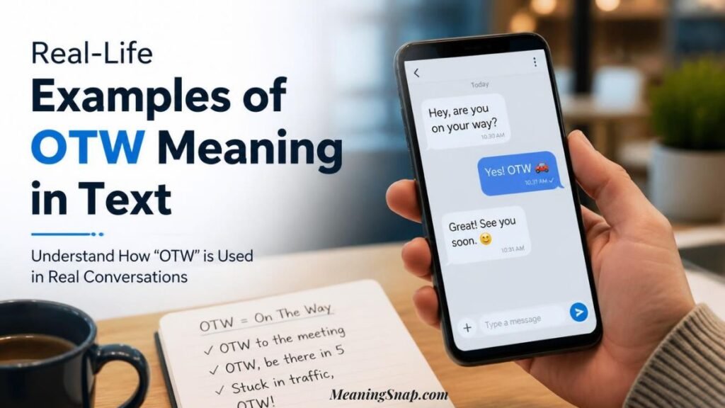 A hand holding a smartphone displaying a chat exchange featuring "Yes! OTW đźš—" alongside headline text explaining real-life examples of the OTW meaning in text.