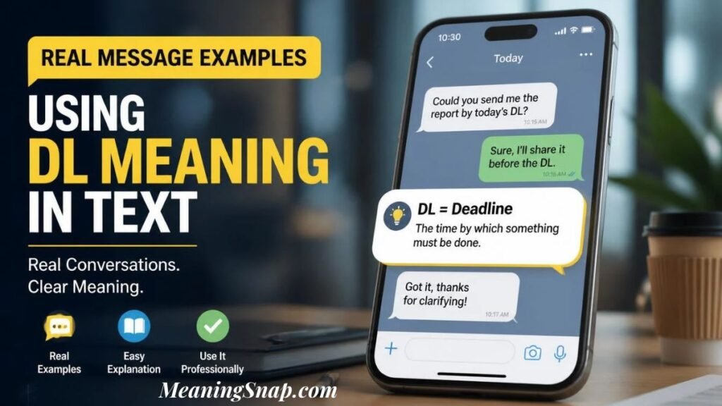 Smartphone screen displaying chat messages using DL meaning in text as Deadline alongside definition and feature badges.