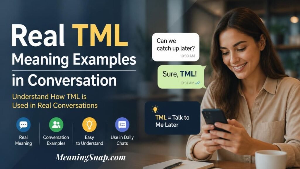 Smiling woman holding smartphone at desk looking at realistic chat dialogue displaying TML meaning examples in conversation.