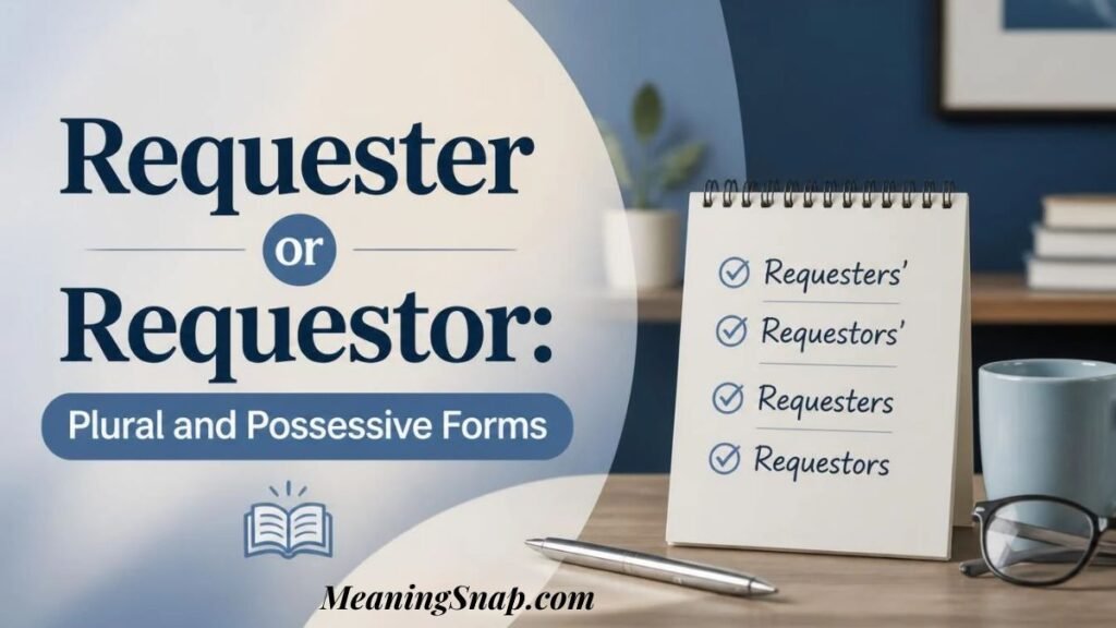 Desktop layout with flip notepad showing plural and possessive forms of Requester or Requestor in English grammar.   