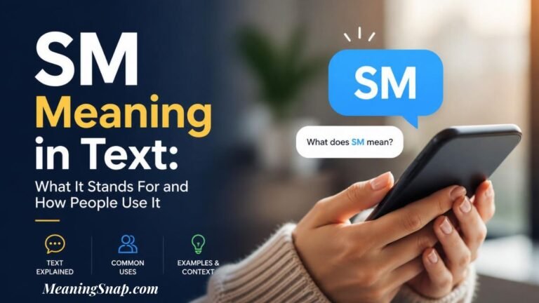 Hands holding smartphone displaying chat bubble asking what does SM mean in text messaging and online conversations.