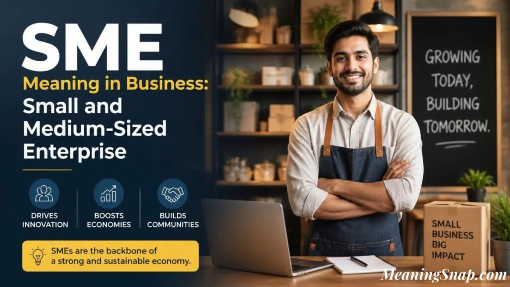 Smiling business owner in an apron with folded arms standing at a desk with a laptop and SME meaning in business infographic.