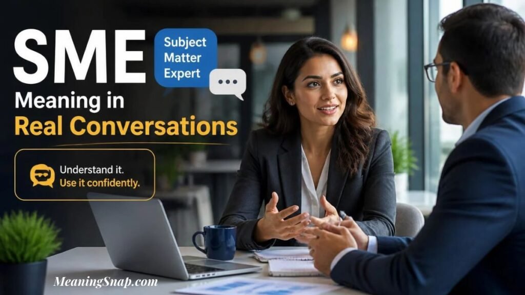 Professional woman in a blazer speaking with a colleague across a desk, illustrating SME meaning as a Subject Matter Expert in real conversations.