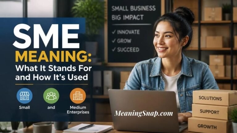 Smiling woman at a desk with a laptop and stacked boxes looking at SME meaning, acronym breakdown, and usage.