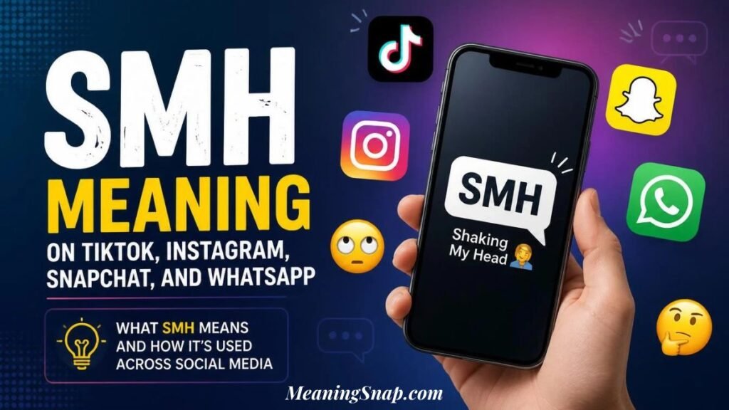 Hand holding smartphone displaying SMH shaking my head speech bubble alongside logos for TikTok, Instagram, Snapchat, and WhatsApp.   