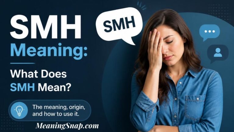 Frustrated woman in denim shirt covering face with hand next to speech bubble explaining SMH meaning in text messages.
