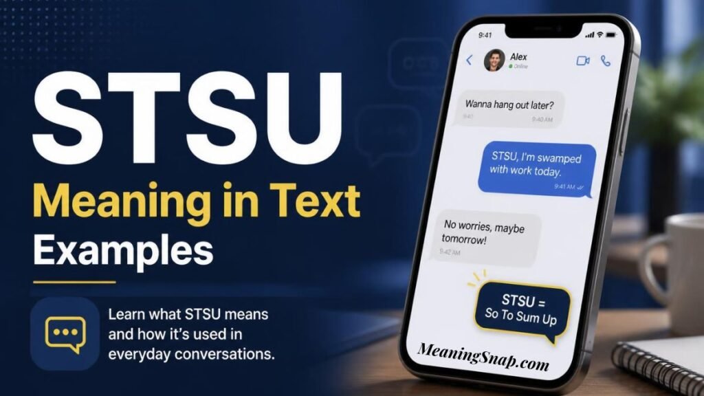 Smartphone displaying chat messages with STSU meaning in text as So To Sum Up beside desktop office setup.
