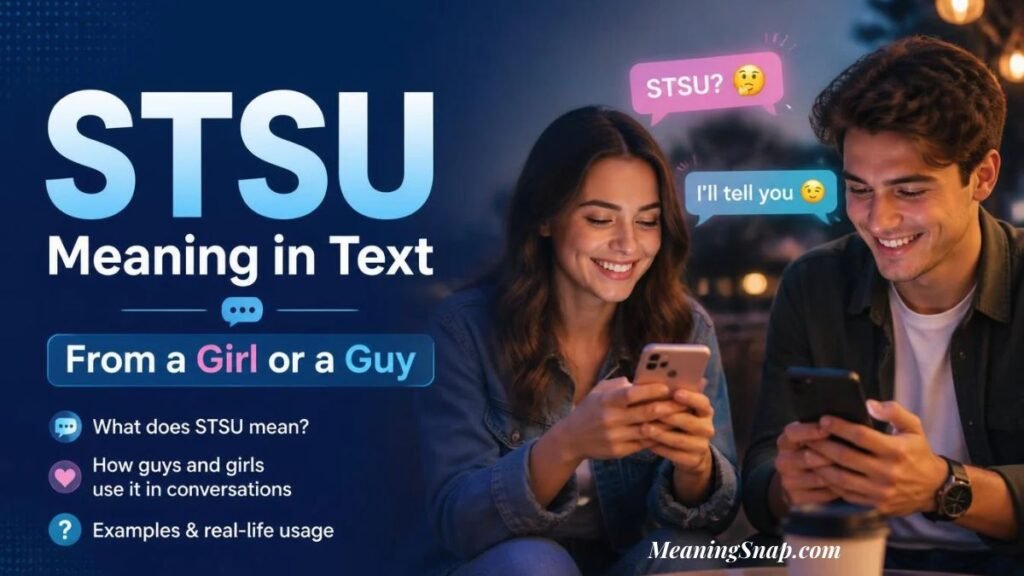 Smiling young woman and man texting on phones explaining STSU meaning in text from a girl or a guy.