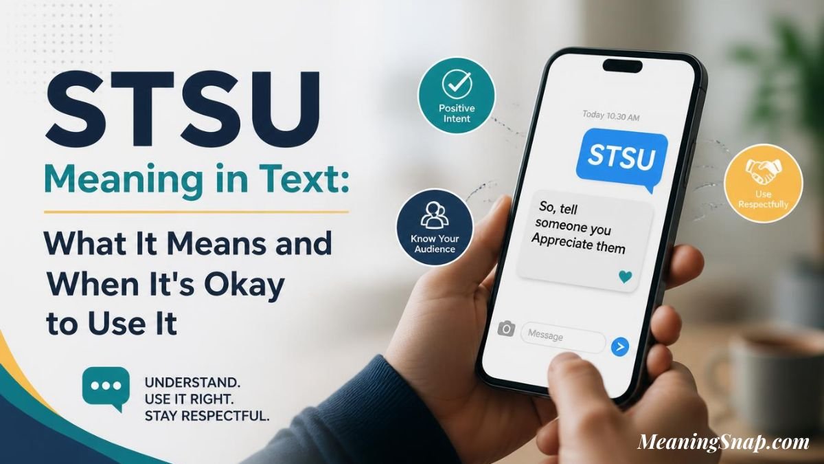 Hand holding smartphone displaying STSU meaning in text on chat screen flanked by etiquette tips for positive intent and audience awareness.