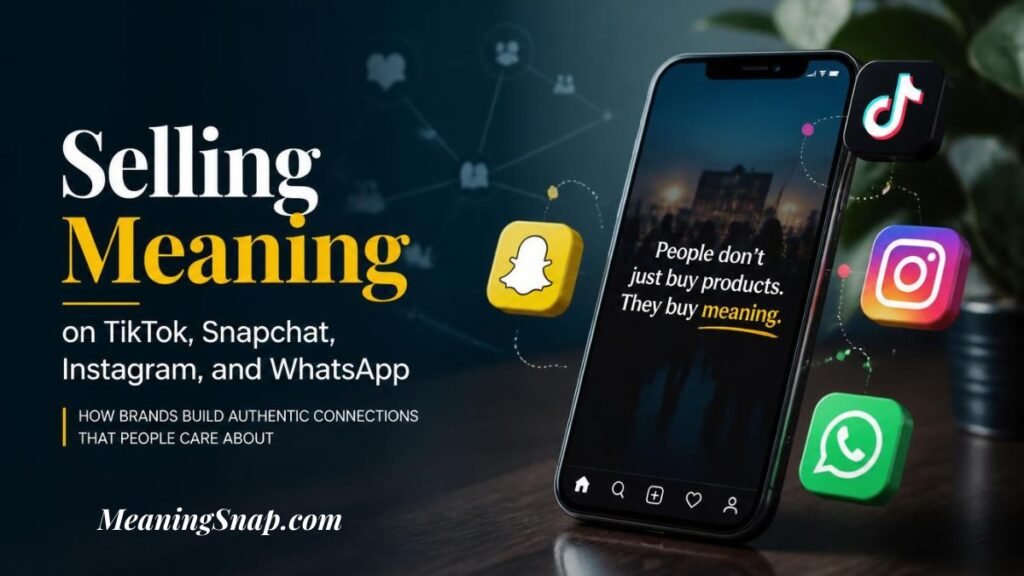Smartphone displaying social feed surrounded by floating TikTok, Snapchat, Instagram, and WhatsApp logos explaining selling meaning on social media.
