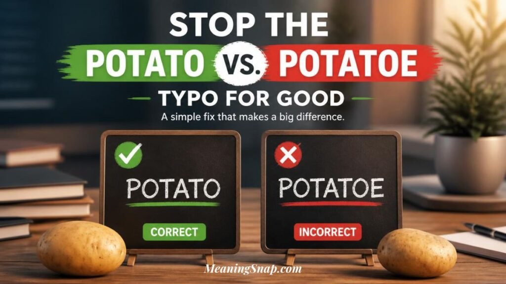 A desk setup with chalkboards comparing the correct spelling "Potato" and incorrect spelling "Potatoe" with headline text stopping the typo for good.