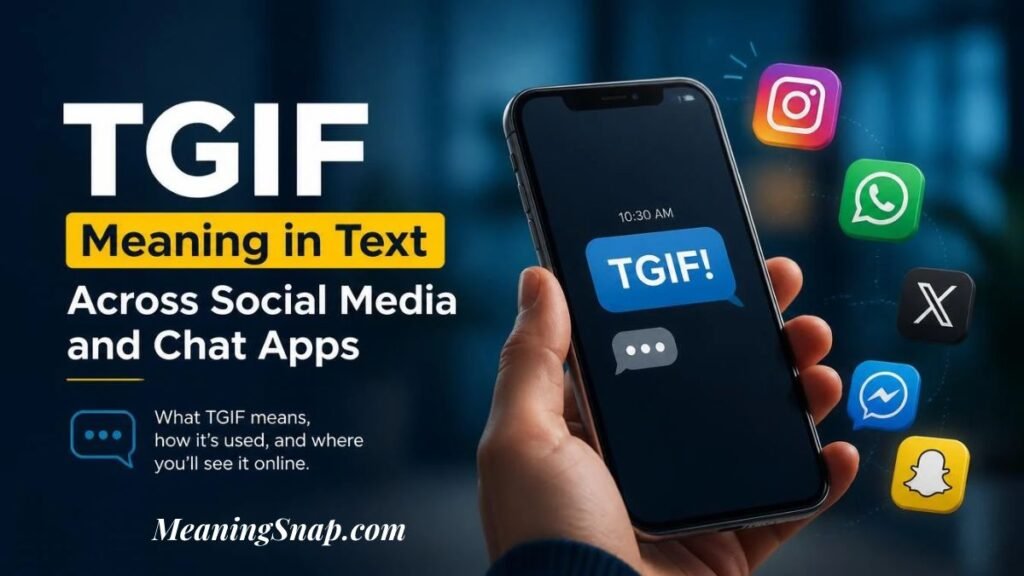 Hand holding smartphone displaying TGIF chat bubble surrounded by Instagram, WhatsApp, X, Messenger, and Snapchat logos.   