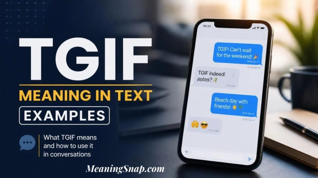 Smartphone screen displaying TGIF text conversation examples, showing messaging dialogue and weekend plans.   