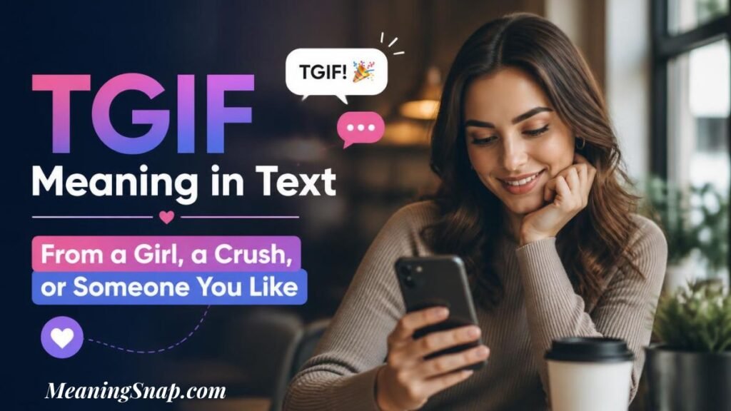 Smiling woman holding smartphone looking at chat messages explaining TGIF meaning from a girl, crush, or someone you like.