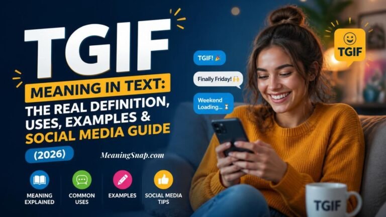 Smiling woman holding smartphone displaying TGIF meaning in text, real definition, examples, and social media guide.