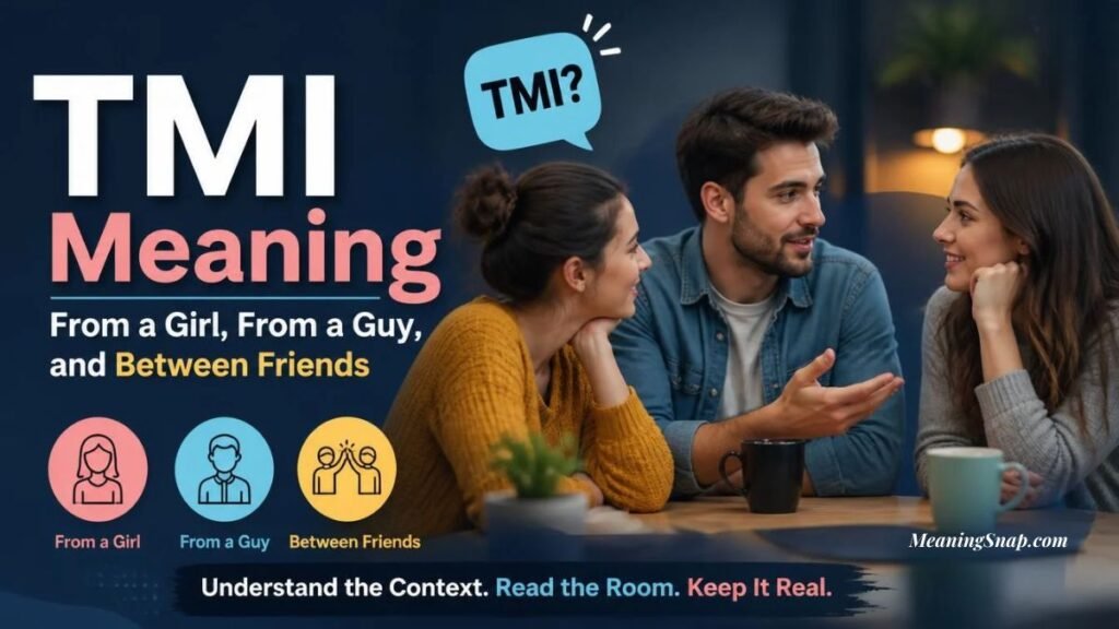 Three friends sitting at a table having a conversation with a speech bubble reading "TMI?" alongside headline text explaining the TMI Meaning from a girl, from a guy, and between friends.   
