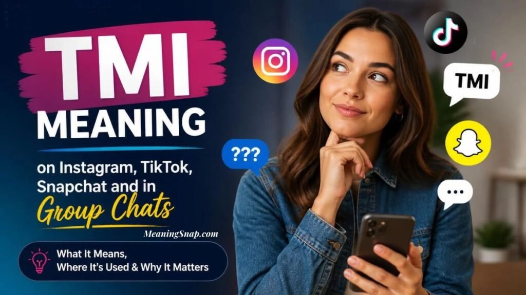 A young woman in a denim jacket looking thoughtfully while holding a smartphone alongside floating social media logos and headline text explaining the TMI MEANING on Instagram, TikTok, Snapchat and in Group Chats.   