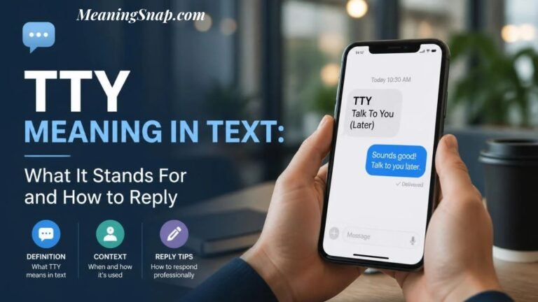 Hands holding smartphone displaying chat message with TTY meaning in text definition and reply tips.
