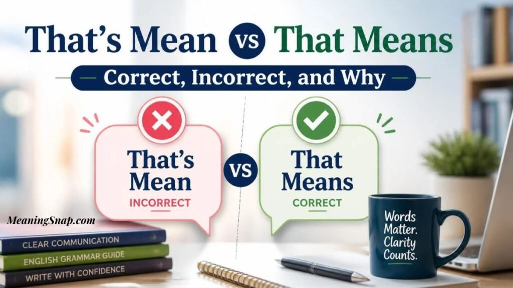 Desktop setup comparing incorrect That's Mean versus correct That Means when explaining definitions or implications in English grammar.   