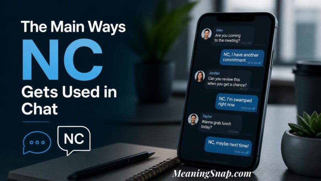 Smartphone screen displaying multiple chat messages illustrating the main ways NC gets used in chat.   