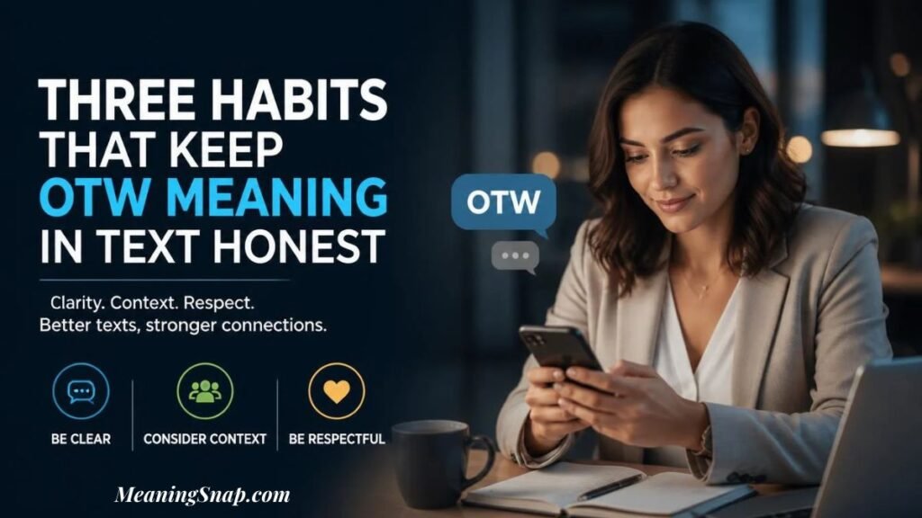 A woman sitting at a desk looking at her smartphone next to a blue speech bubble reading "OTW" alongside headline text explaining three habits that keep OTW meaning in text honest.