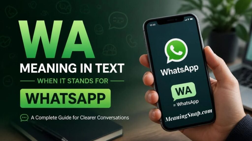 A person holding a smartphone displaying the WhatsApp logo and a card reading "WA = WhatsApp" alongside headline text explaining the WA Meaning in Text when it stands for WhatsApp.   