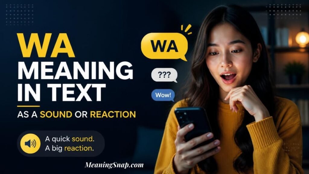 A young woman looking at her smartphone with a surprised expression next to speech bubbles reading "WA", "???", and "Wow!" alongside headline text explaining the WA Meaning in Text as a Sound or Reaction.   