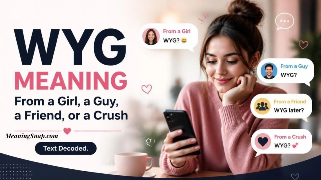 Smiling woman holding smartphone looking at chat messages explaining WYG meaning from a girl, guy, friend, or crush.   