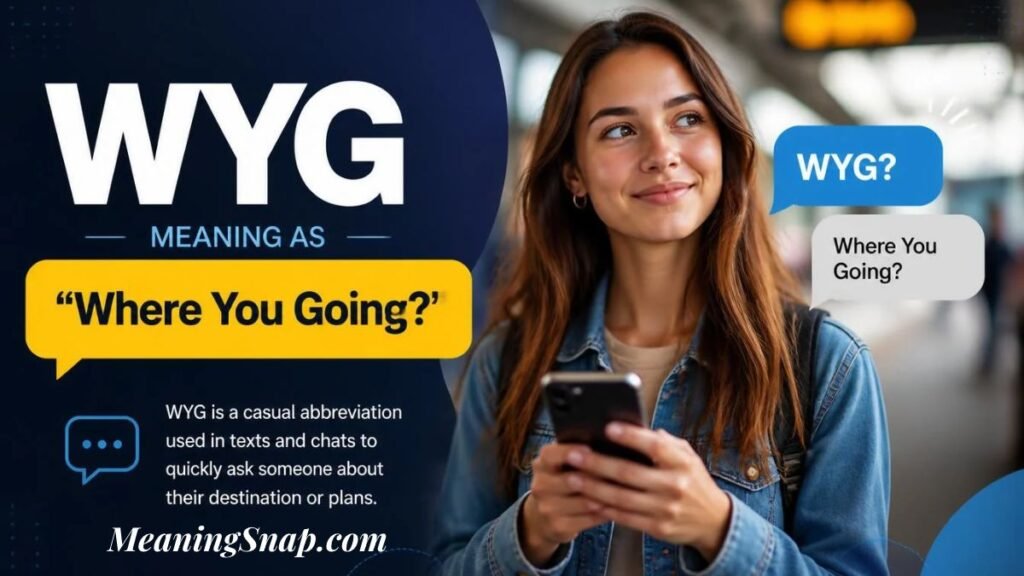 Smiling woman holding smartphone at transit terminal displaying WYG meaning as Where You Going in text messaging.