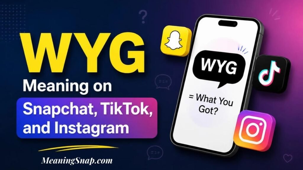 Smartphone screen displaying WYG speech bubble meaning What You Got surrounded by Snapchat, TikTok, and Instagram logos.   