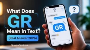A person holding a smartphone displaying a chat exchange featuring "GR" alongside headline text explaining What Does GR Mean In Text?.