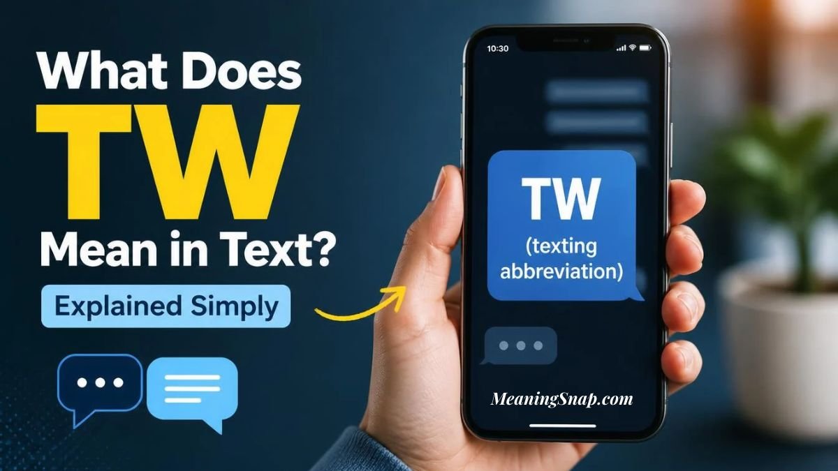 Hand holding a smartphone displaying a chat message with TW meaning in text as a texting abbreviation.