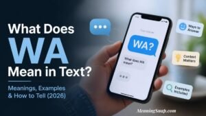 A person holding a smartphone displaying a chat exchange featuring "WA?" alongside headline text explaining What Does WA Mean in Text?.