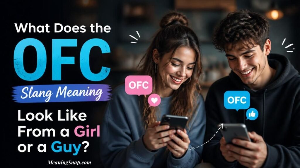 A young man and woman looking at their smartphones with chat bubbles displaying "OFC" alongside headline text exploring what the OFC slang meaning looks like from a girl or a guy.   