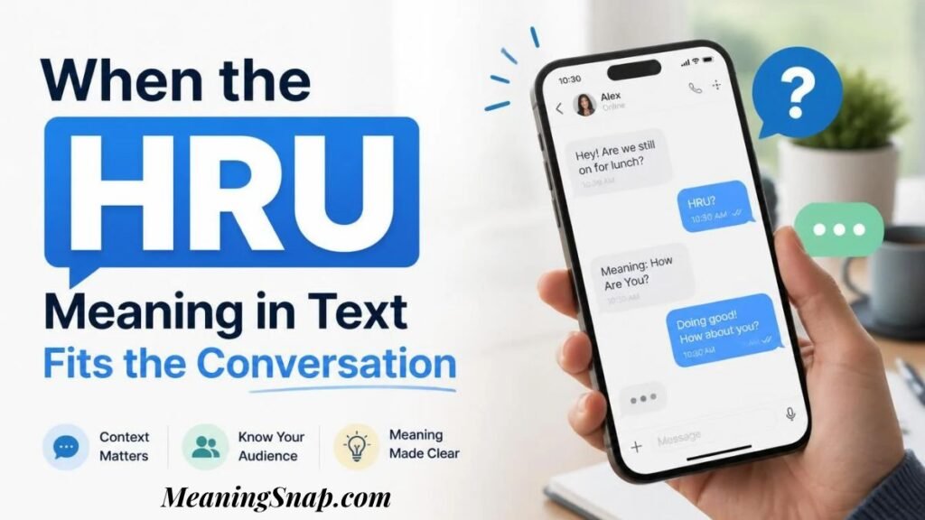 Hands holding smartphone displaying chat screen with HRU meaning in text fitting the conversation alongside context guidelines.   