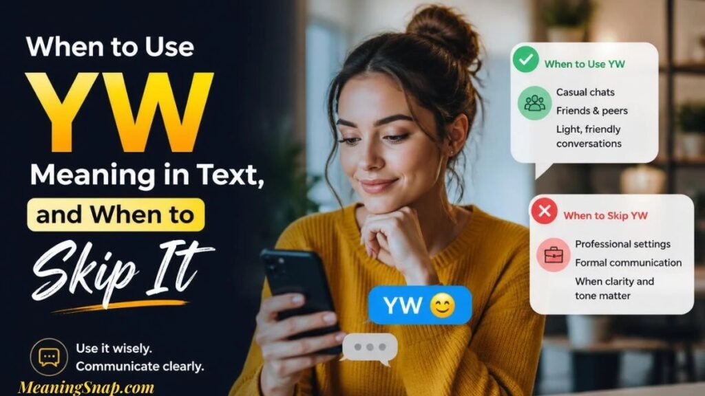 Smiling woman in a mustard-yellow sweater holding a smartphone with a YW meaning in text guide detailing when to use and skip it.