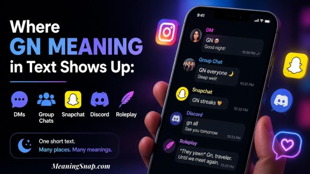 A hand holding a smartphone displaying various app notifications for "GN" across DMs, group chats, Snapchat, Discord, and Roleplay alongside headline text exploring where the GN meaning in text shows up.