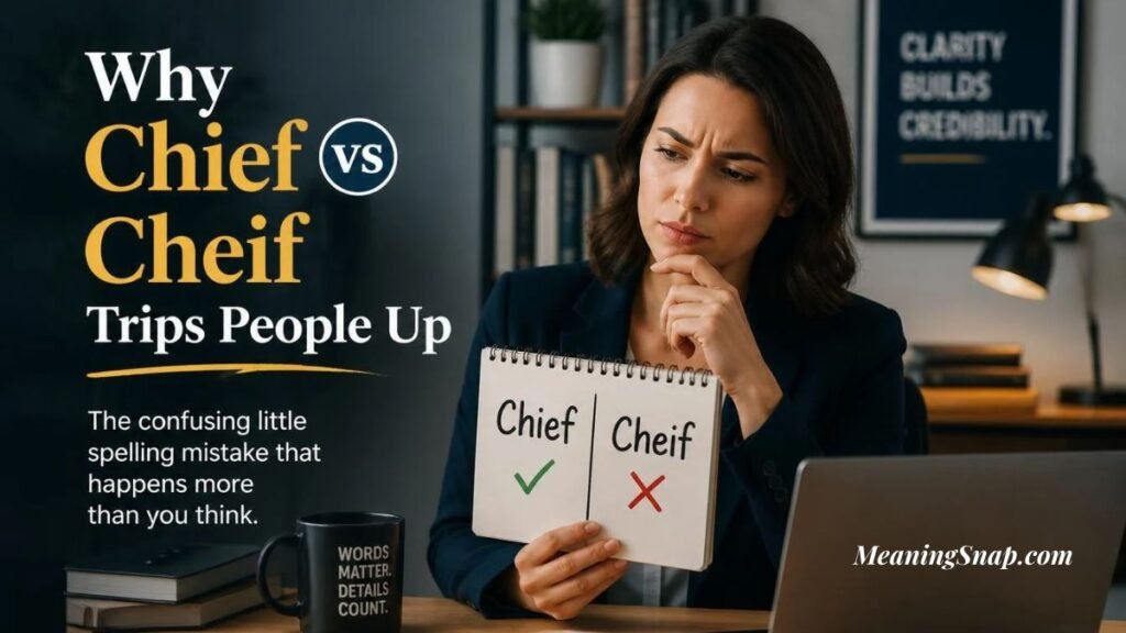 A woman sitting at a desk holding a notebook showing "Chief" with a checkmark and "Cheif" with a red "X" alongside headline text explaining why Chief vs Cheif trips people up.   