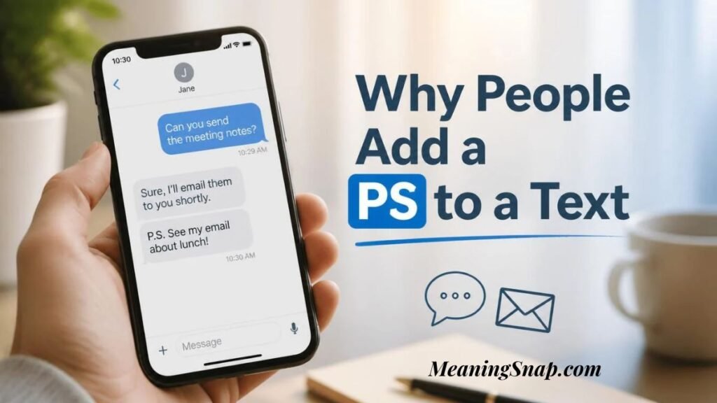 Hand holding smartphone displaying a text thread with Jane using a PS postscript to add a secondary message.   