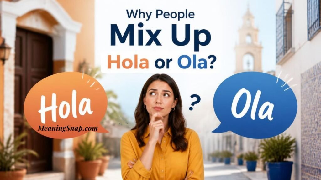 Thoughtful woman on European street pondering why people mix up Hola or Ola between Spanish and Portuguese greetings.   