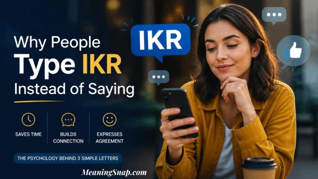 Smiling woman in a yellow shirt looking at her smartphone with chat bubbles explaining why people type IKR instead of saying it.   